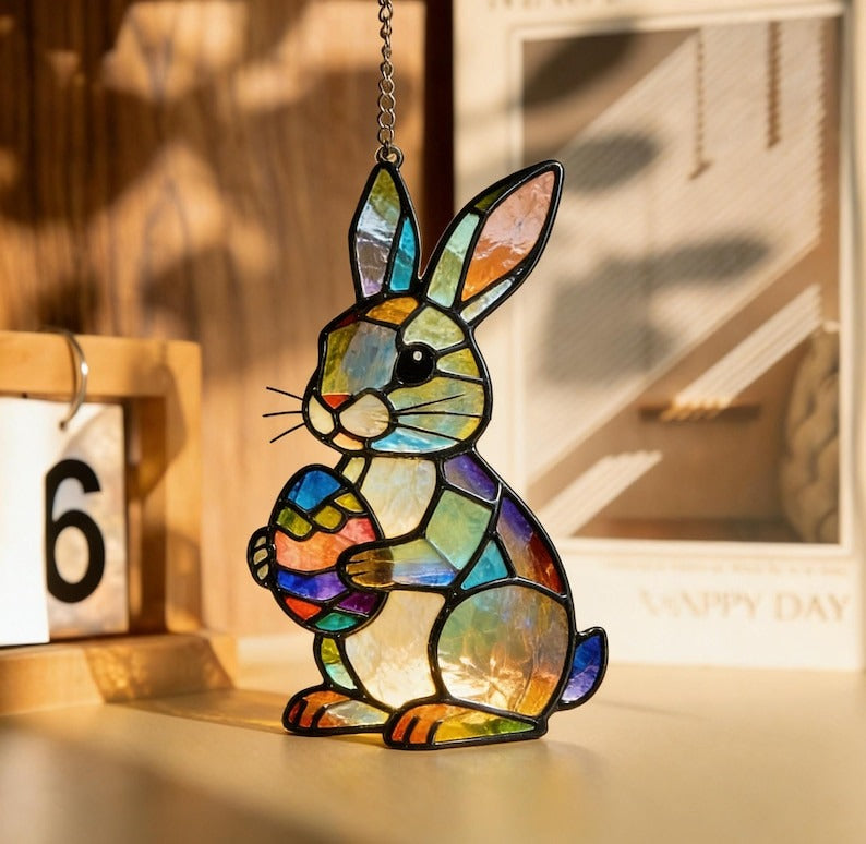 Hand-Painted Bunny Egg Suncatcher Stained Glass Easter Rabbit Ornament Birthday Gift